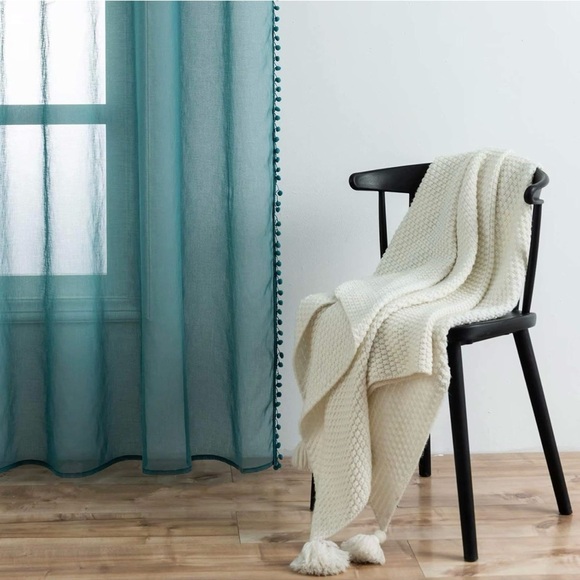 Cute sheer pom-pom curtains in teal - Picture 2 of 7